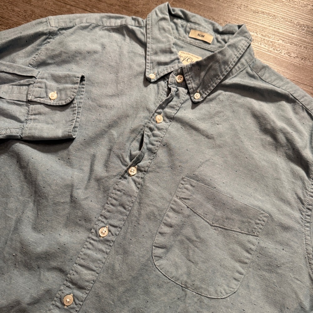 J Crew Shirt Men L Blue Cotton Slim Fit Flecked Preppy Classiccore Casual Summer